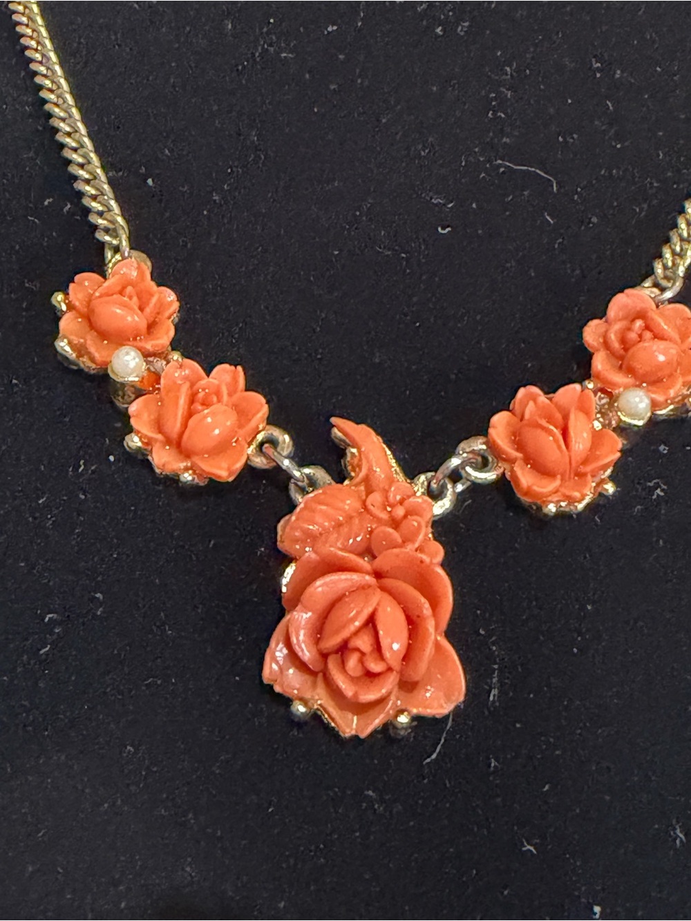 Gold-Tone Coral Flower Statement Necklace - Elegant Floral Pendant